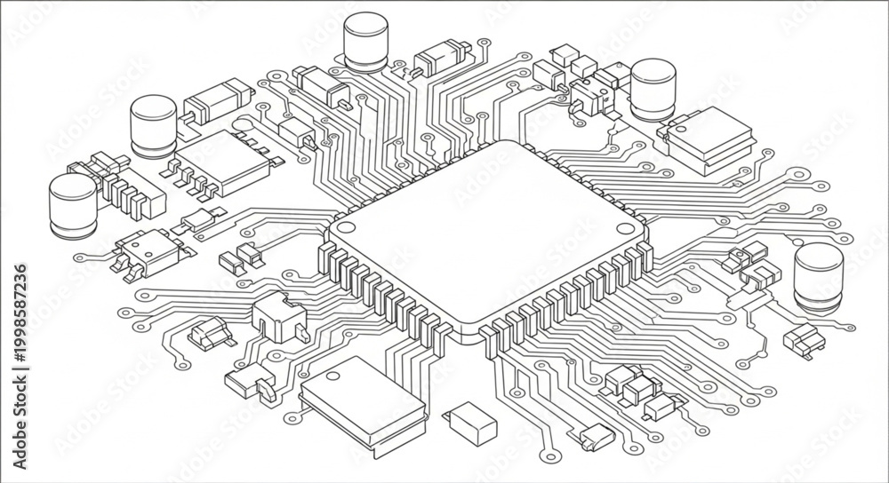 Obraz premium Detailed illustration of a complex computer motherboard circuit board.