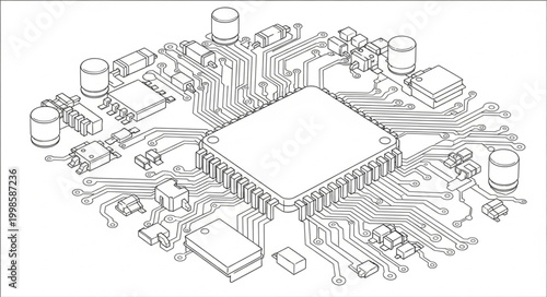 Detailed illustration of a complex computer motherboard circuit board.