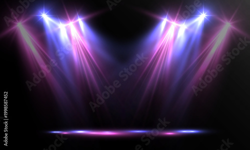 Colorful stage spotlights shining downward with glowing beams in purple and blue tones. Dramatic lighting effect on dark background, ideal for concerts, events, and presentation scenes.
