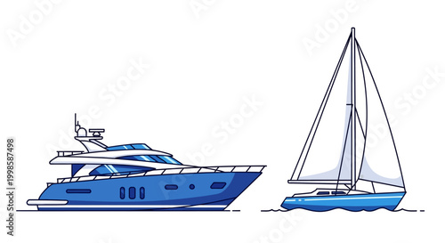 yacht and sailboat side by side blue and white silhouette high quality professional detailed modern elegant stylish clean crisp vibrant colorful digital creative