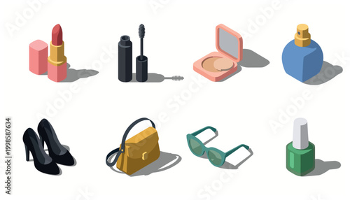 Collection of isometric beauty and fashion accessories, including lipstick, mascara, powder, perfume, high heels, handbag, sunglasses, and nail polish.
