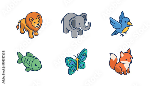 A collection of six cute, stylized cartoon animals including a lion, elephant, bird, fish, butterfly, and fox.
