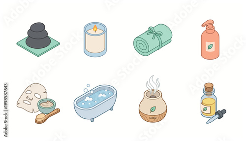 Collection of isometric spa and wellness icons, representing relaxation and self-care.