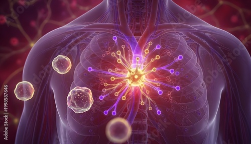 Human body with glowing immune response.