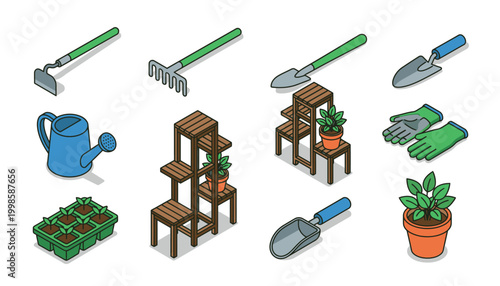 Fotografía Isometric gardening tools and supplies collection, including a watering can, rake, hoe, shovel, seedling tray, plant stands, gloves, and potted plants