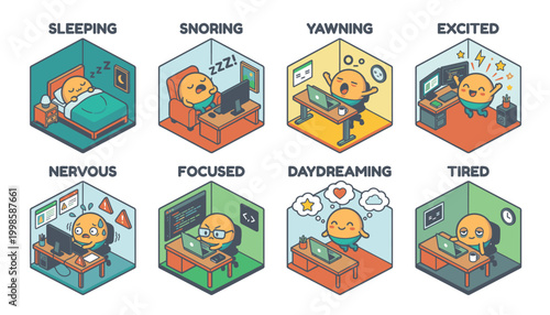 Collection of cute cartoon characters expressing different emotions and states of mind while working or resting.