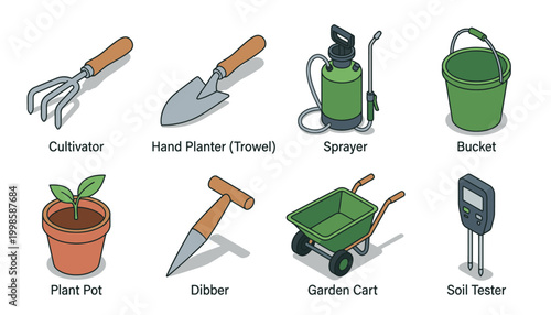 Collection of isometric gardening tools and equipment for planting and soil testing.