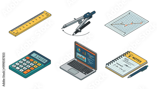 Set of isometric drawing and calculation tools including a ruler, compass, graph paper, calculator, laptop, and notebook with pen.