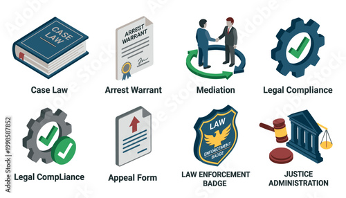 Collection of isometric icons representing legal and justice system concepts, including case law, arrest warrant, mediation, and law enforcement.