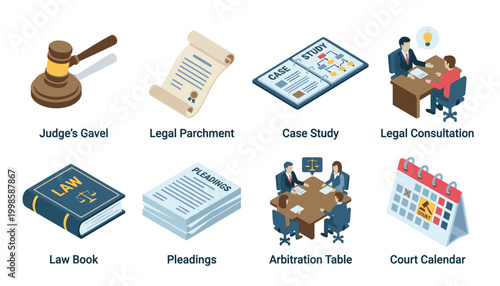 Collection of isometric icons representing legal and business concepts, including a judge's gavel, law book, and legal consultation.