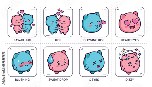 Cute Kawaii Characters Expressing Various Emotions and Affectionate Gestures.