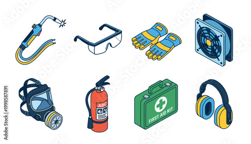 Collection of industrial safety and protection equipment icons in isometric view.