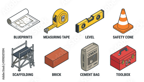 Collection of construction and DIY tools and materials, including blueprints, measuring tape, level, safety cone, scaffolding, brick, cement bag, and toolbox.