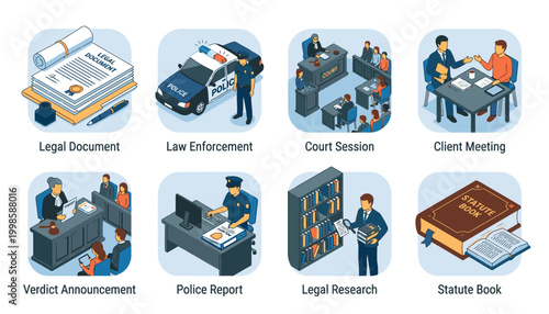 Collection of isometric icons representing legal and law enforcement concepts, including documents, police, and court proceedings.