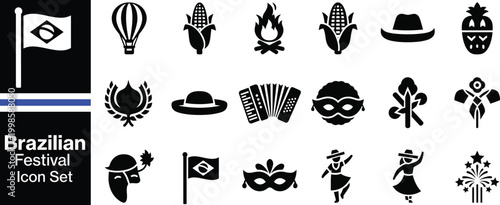 Brazil Festival Silhouette Icon Set – Celebration, Culture, Traditional Party and Event Collection