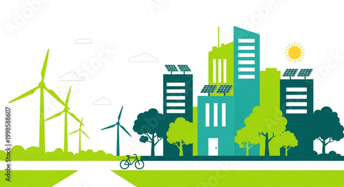 Sustainable city skyline with wind turbines and solar panels, representing green energy and eco-friendly living