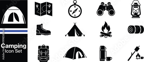 Camping and Adventure Silhouette Icon Set – Wilderness, Hiking Gear and Survival Equipment Collection