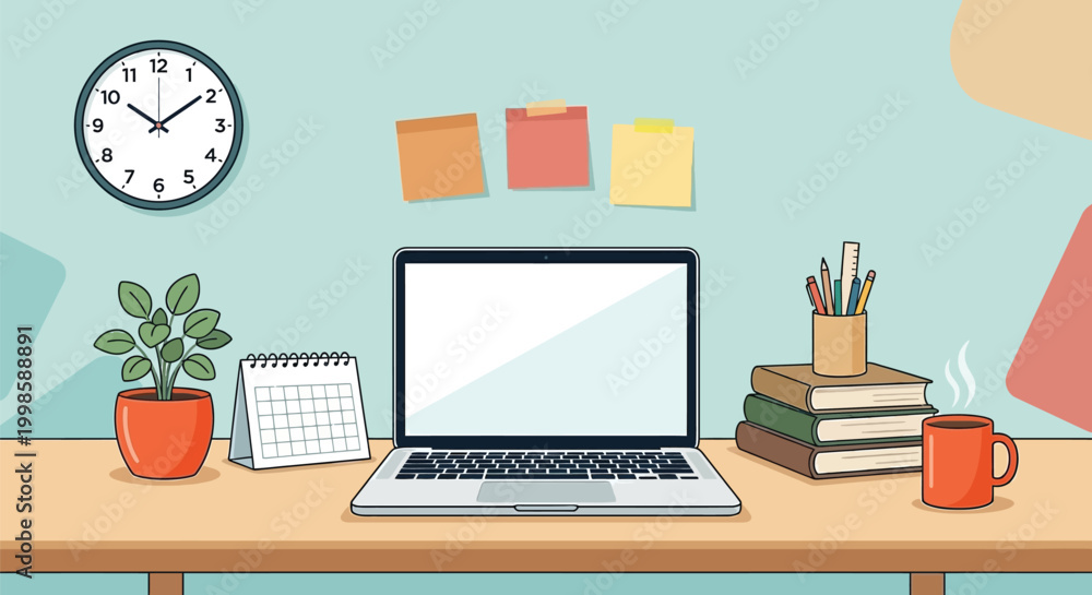 Fototapeta premium Workspace Setup: A modern workspace is artfully arranged with a laptop at the center, accompanied by essential elements for productivity. A calendar, sticky notes, and a steaming mug sit harmoniously.