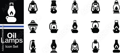vintage oil lamps and Lantern Silhouette Icon Set – Kerosene Lamp, Camping Light and Retro Illumination Collection