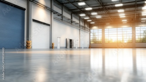 Modern industrial warehouse interior with large windows and bright lighting