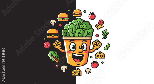 A cartoon bucket of broccoli with food.