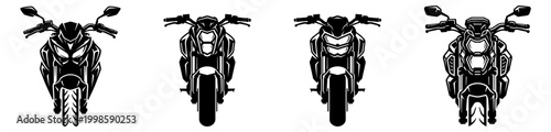 Set of motorcycle front view vector icons, naked bike silhouettes, minimalist streetfighter motorbike design elements