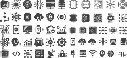 Circuit board & Chip icon. Electronic circuit flat and line icons set. Electronic, Processor, Chip symbol. Vector