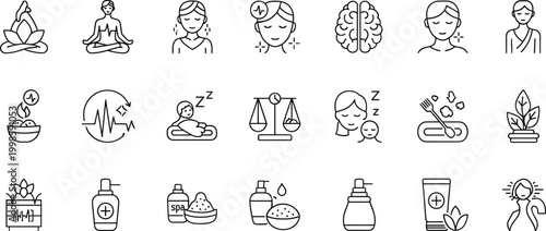 Wellness, Self-Care, and Relaxation Vector Icons Featuring Meditation, Skincare, Sleep, and Health for Beauty and Wellness Projects