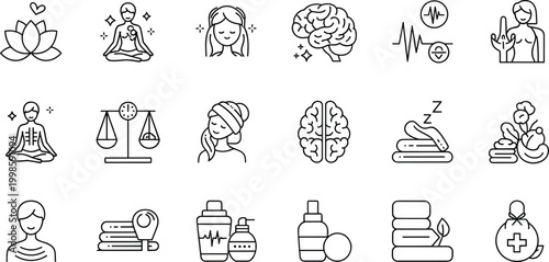 Wellness, Meditation, Mental Health, and Self-Care Icons Including Yoga, Brain, Massage, and Spa Elements