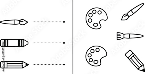 Art Supplies: Paintbrush, Pencil, Crayon Icons and Drawing Tools