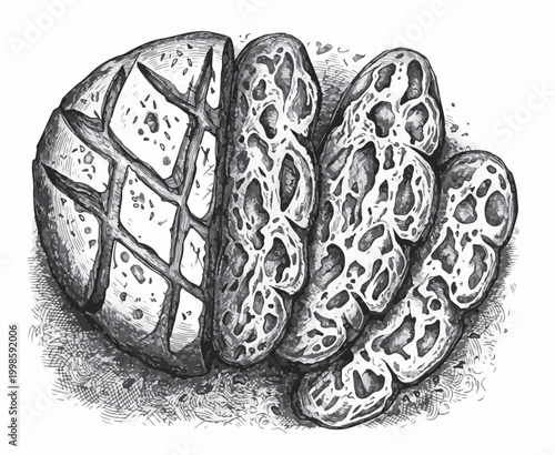 Hand-drawn vector illustration of sliced sourdough bread loaf with cross-hatch crust and airy crumb texture, isolated on white. Vintage engraving style sketch for bakery and culinary design.