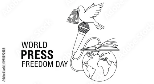 world press freedom day illustration with dove microphone globe book