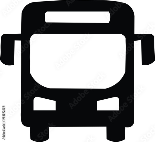 Minimalist bus icon vector, black silhouette of public transport vehicle front view, urban transit and shuttle bus symbol for maps and signage
