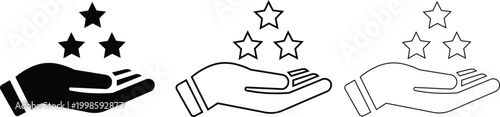 Minimalist hand holding stars icon set, black customer review rating symbols, flat vector illustration for feedback and quality service ranking