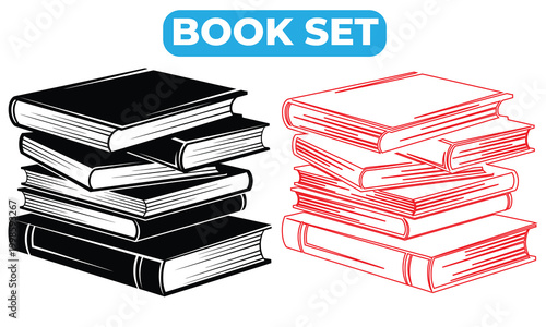 Sketch of stacked books with 'book set' banner a literary collection illustration