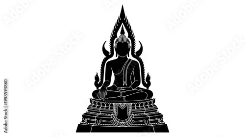 Vector silhouette of seated Buddha in meditation with ornate aura and pedestal, spiritual enlightenment cultural art