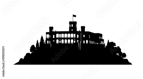 Vector silhouette of grand castle fortress on hill with towers, arched windows, and flag, historic architecture art