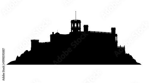 Vector silhouette of historic castle fortress on hill with towers and battlements, medieval architecture, cultural heritage art