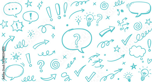 Hand drawn doodle elements set, speech bubbles, arrows, stars, check marks and light bulbs