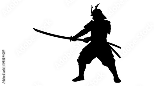 Vector silhouette of samurai warrior in traditional armor with katana sword, Japanese heritage, feudal discipline, iconic cultural art