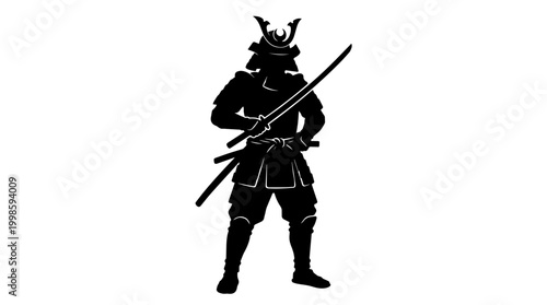 Vector silhouette of samurai warrior in traditional armor with katana sword, Japanese heritage, feudal discipline, iconic cultural art