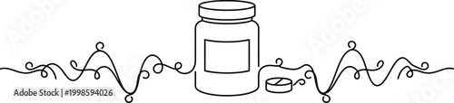 Minimalist line art drawing of a medicine bottle and a single pill with abstract decorative swirling flourishes underneath it