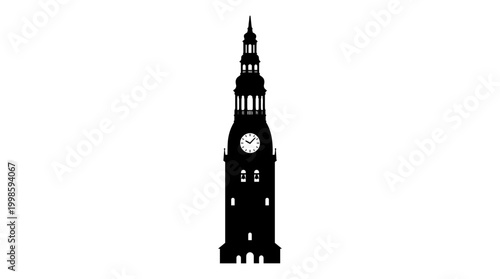 Vector silhouette of historic bell tower with dome and cross, religious architecture, cultural heritage, iconic landmark art