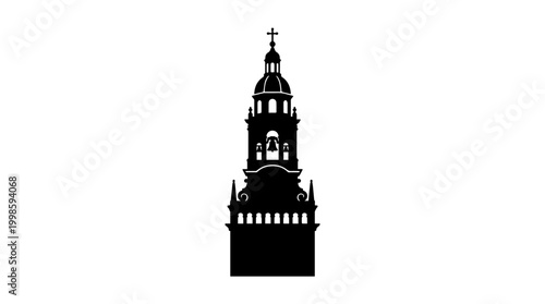 Vector silhouette of historic bell tower with dome and cross, religious architecture, cultural heritage, iconic landmark art