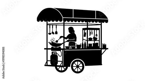 Vector silhouette of street food cart with canopy, vendor cooking at wok, urban culture art