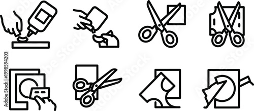 Crafting Icons: Scissors Cutting Paper and Glue Application Set