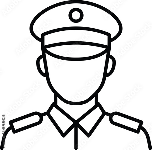 Linear outline illustration of a police officer wearing a peaked cap and a formal shirt with shoulder rank insignias displayed