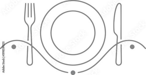Minimalist overhead view of a single plate with fork and knife set in a clean line art style suggesting dining