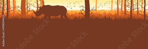 Flat design calm autumn woodland banner with rhino silhouette