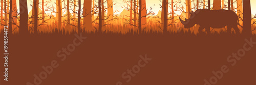 Peaceful sunset wilderness graphic concept with quiet rhino